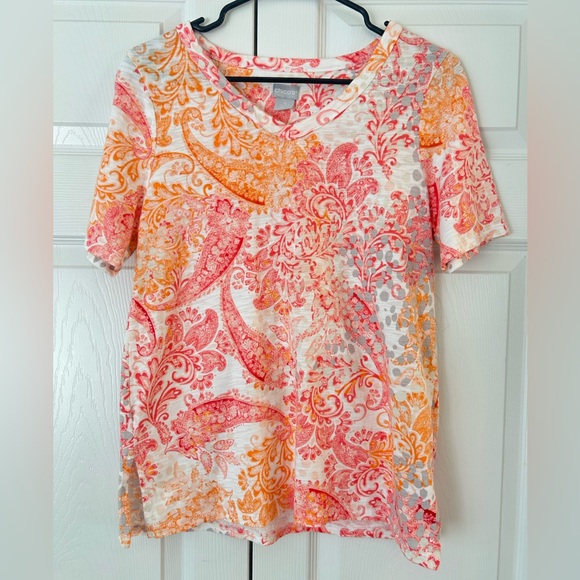 NWOT Chico’s Women’s Red/Orange Flower Print Side Slit Tunic Blouse Shirt Size - Picture 1 of 11